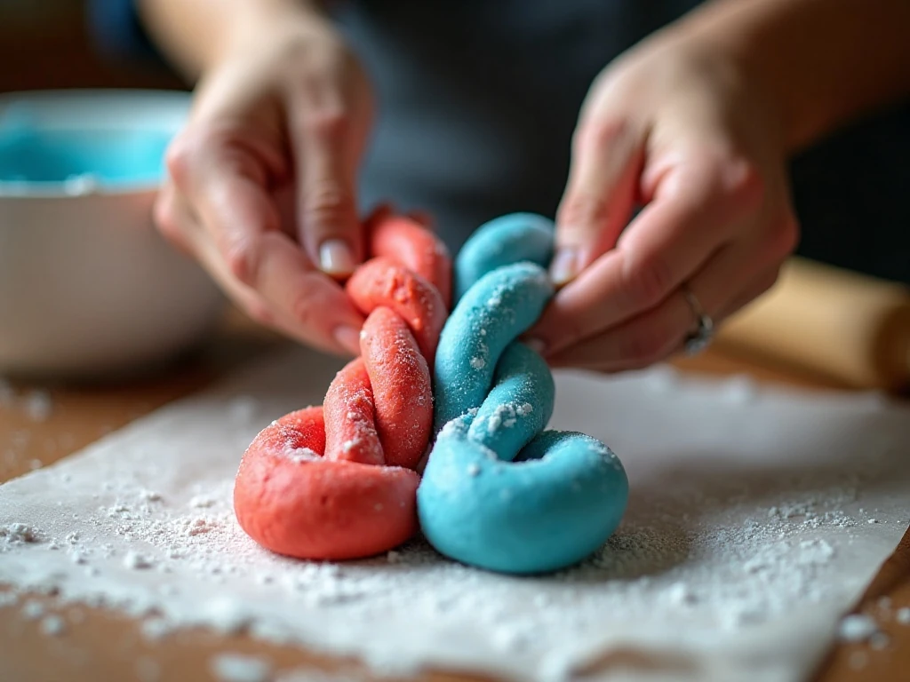 Three-color sugar cookie dough being twisted into a patriotic swirl