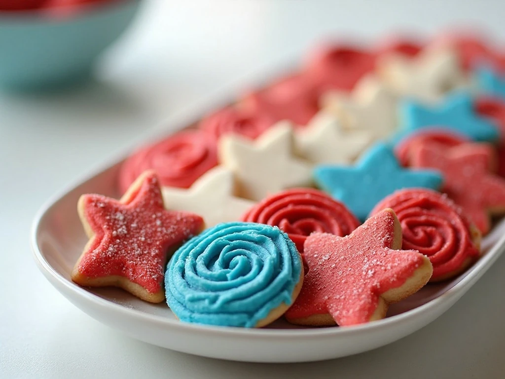 Patriotic red, white, and blue sugar cookies arranged on a serving platter