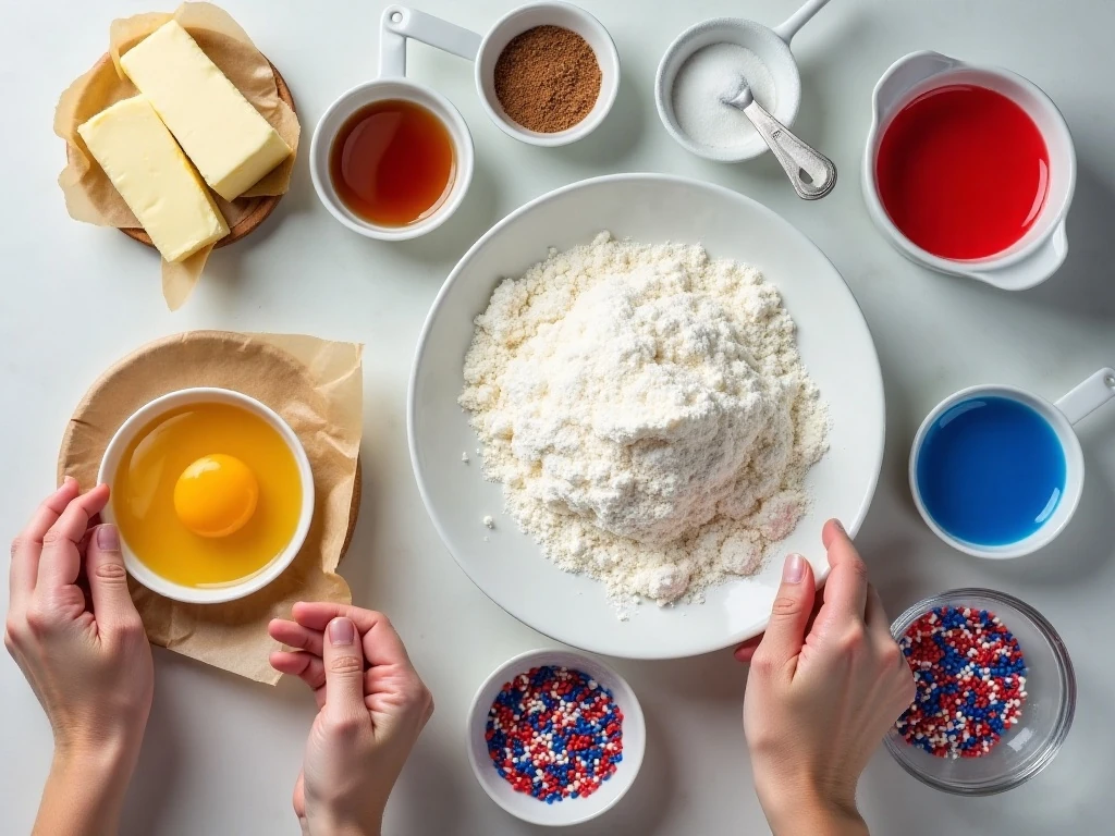 Ingredients for red, white, and blue sugar cookies