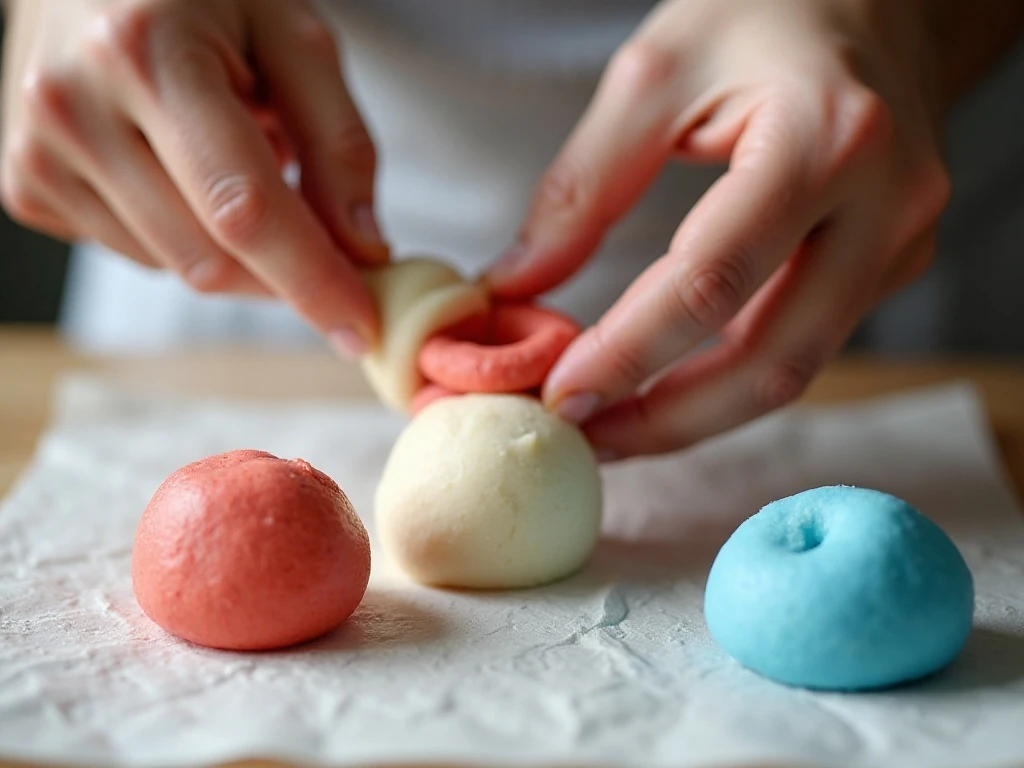 Red white and blue cookie dough being twisted into a log