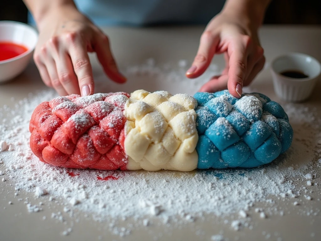 Distinct colored dough portions ready to form patriotic sugar cookies