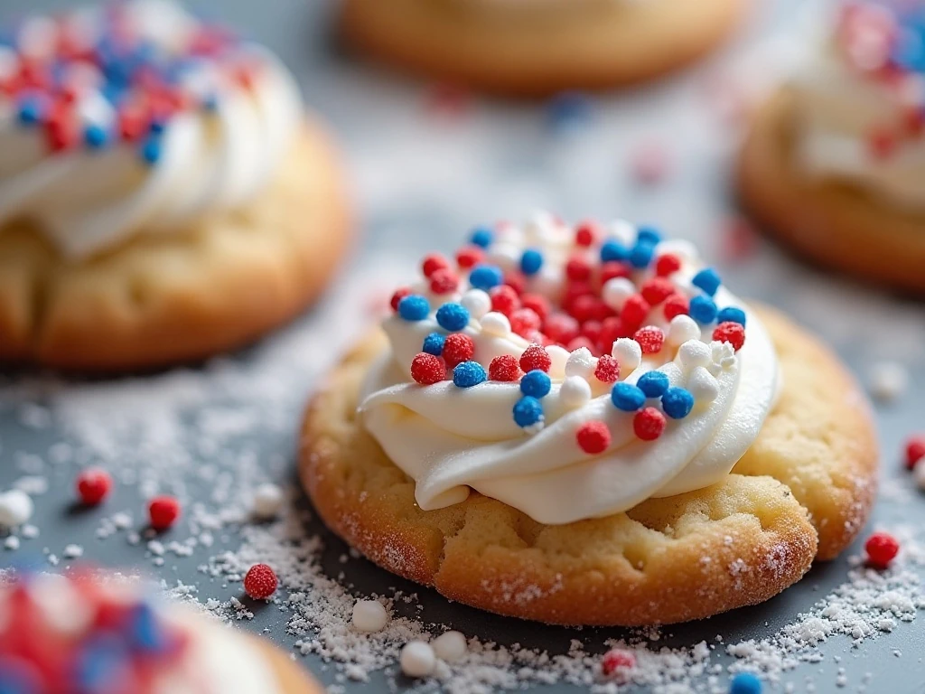 Red white and blue sugar cookies with sprinkles and powdered sugar drizzle
