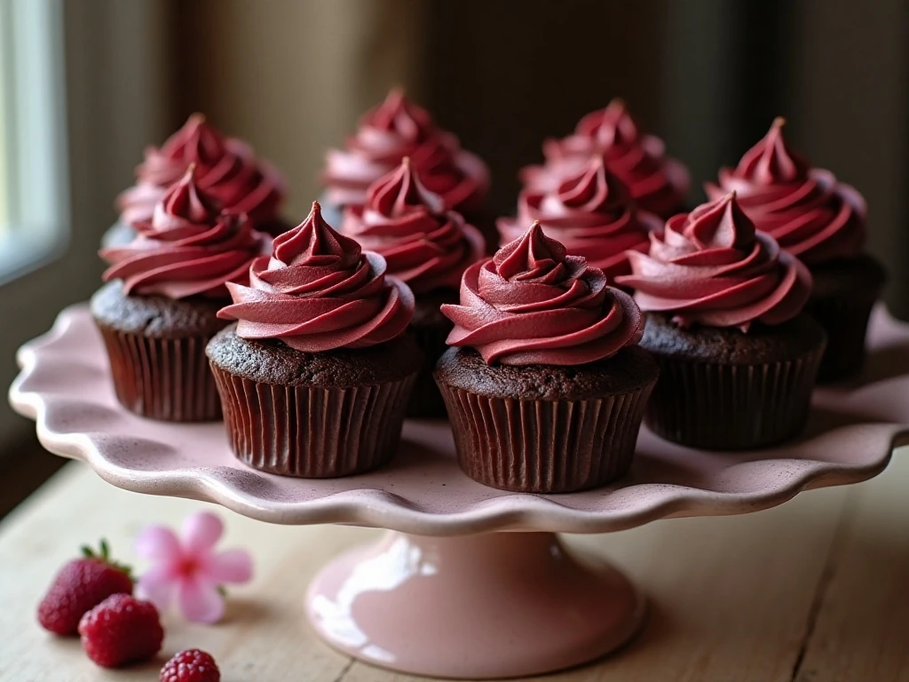 A platter of moist red wine chocolate cupcakes with chocolate frosting