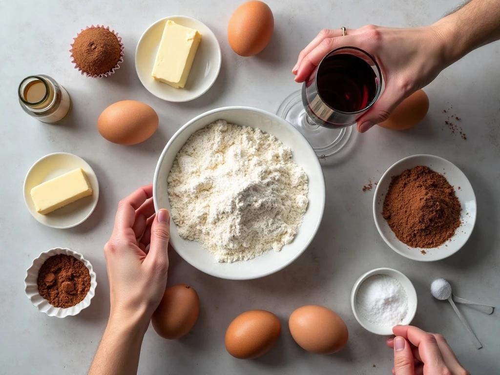 Ingredients for red wine chocolate cupcakes arranged on a kitchen counter