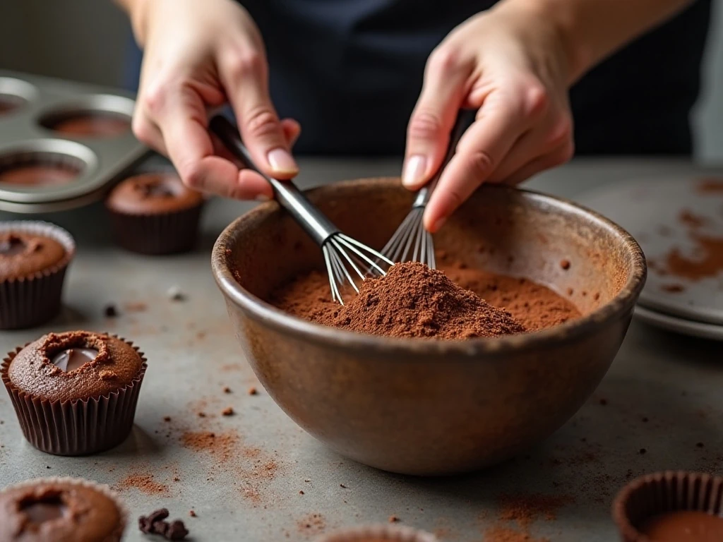 Mixing cocoa cupcake batter with red wine before baking