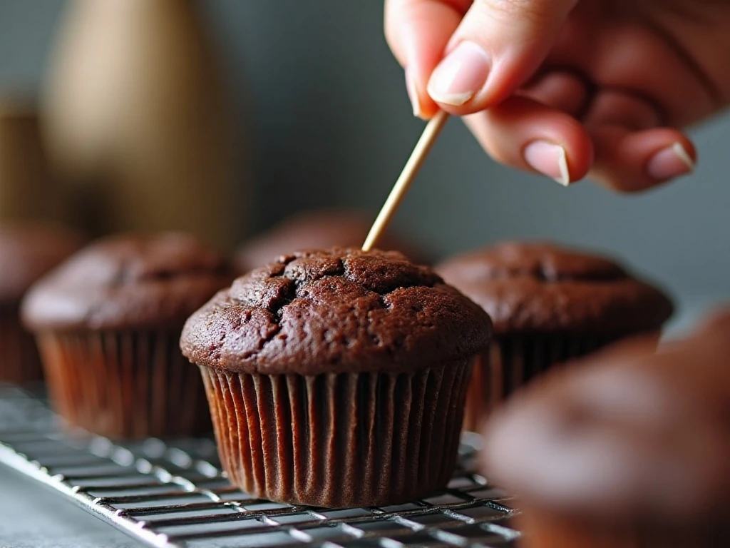 Testing freshly baked red wine chocolate cupcakes for doneness