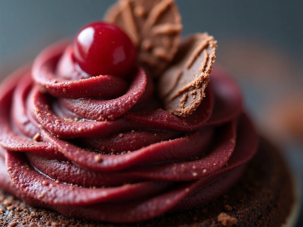 Chocolate frosting and chocolate shavings decorating a red wine cupcake