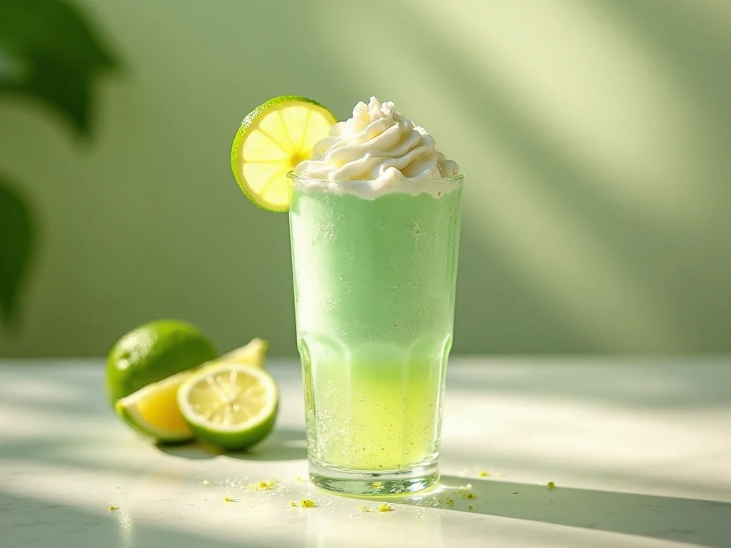 Refreshing lime sherbet float with whipped cream and lime garnish