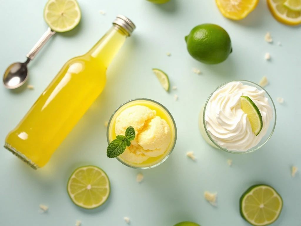 Ingredients for a lime sherbet float arranged for preparation