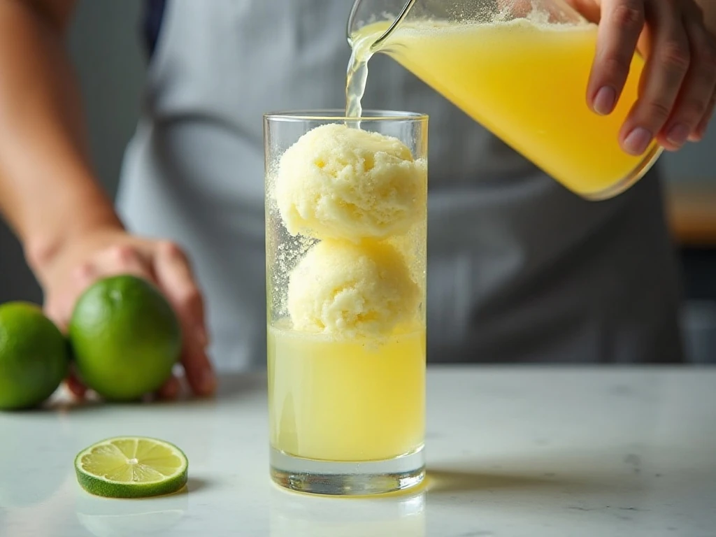 Lemon-lime soda poured slowly over lime sherbet to make a float