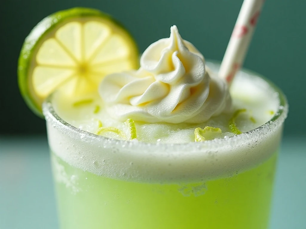 Close-up of fizzy lime sherbet float with fresh lime garnish
