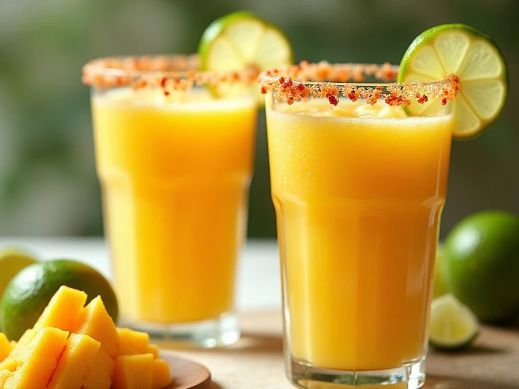 Two refreshing frozen mango margaritas with chili-lime rims and lime garnishes