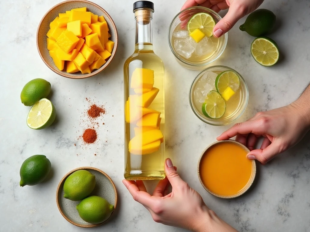 Ingredients for a frozen mango margarita arranged for preparation
