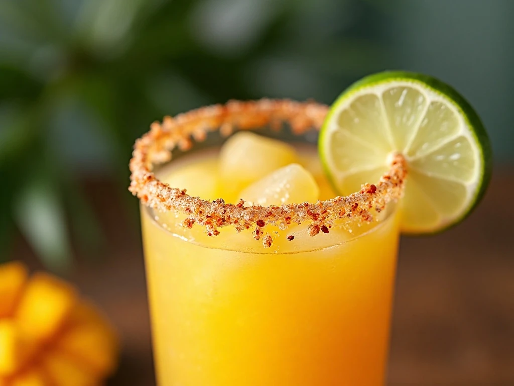 Close-up of a salt and chili-lime rim on a mango margarita