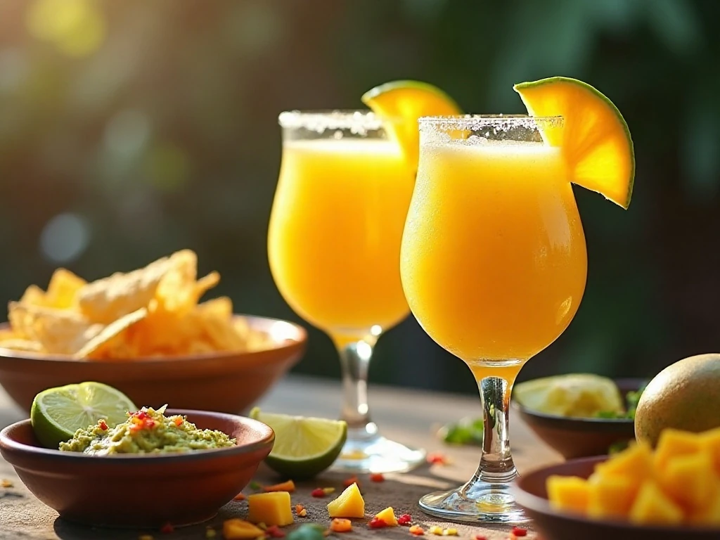 Mango margaritas served with chips, guacamole, limes, and mango garnish