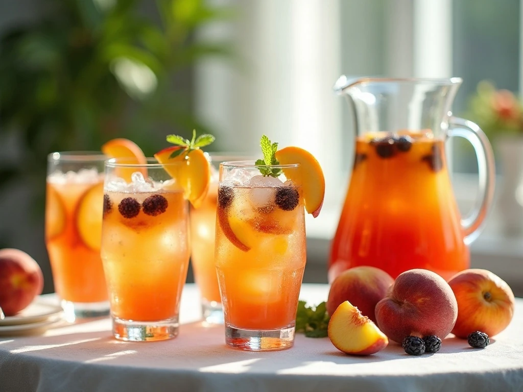 Pitcher and glasses of refreshing peach sangria for a summer gathering
