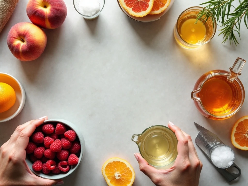 Ingredients for white peach sangria arranged on a kitchen counter