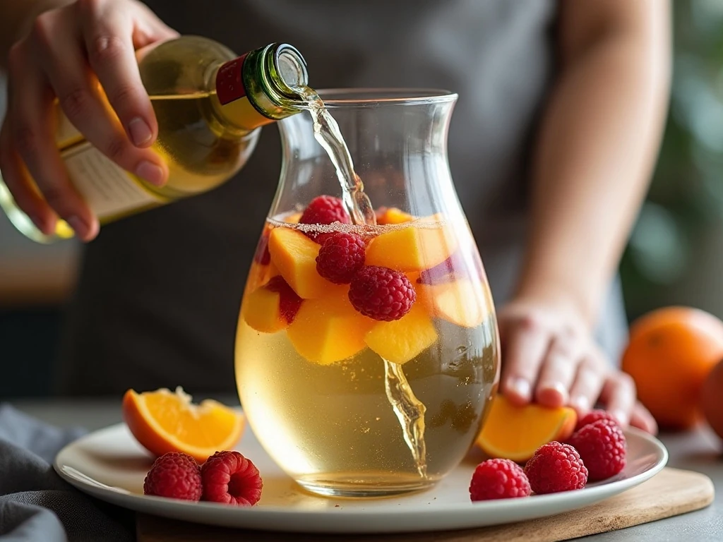 Adding sliced peaches, oranges, and berries to a sangria pitcher