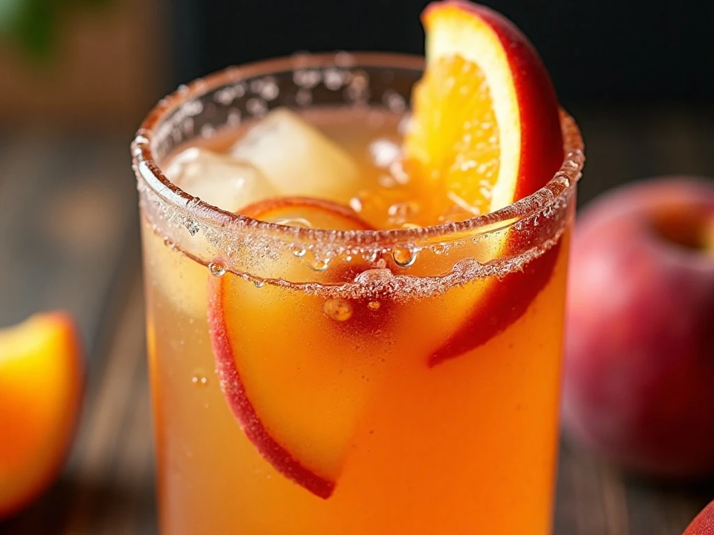 Peach and orange garnish on a chilled glass of sangria