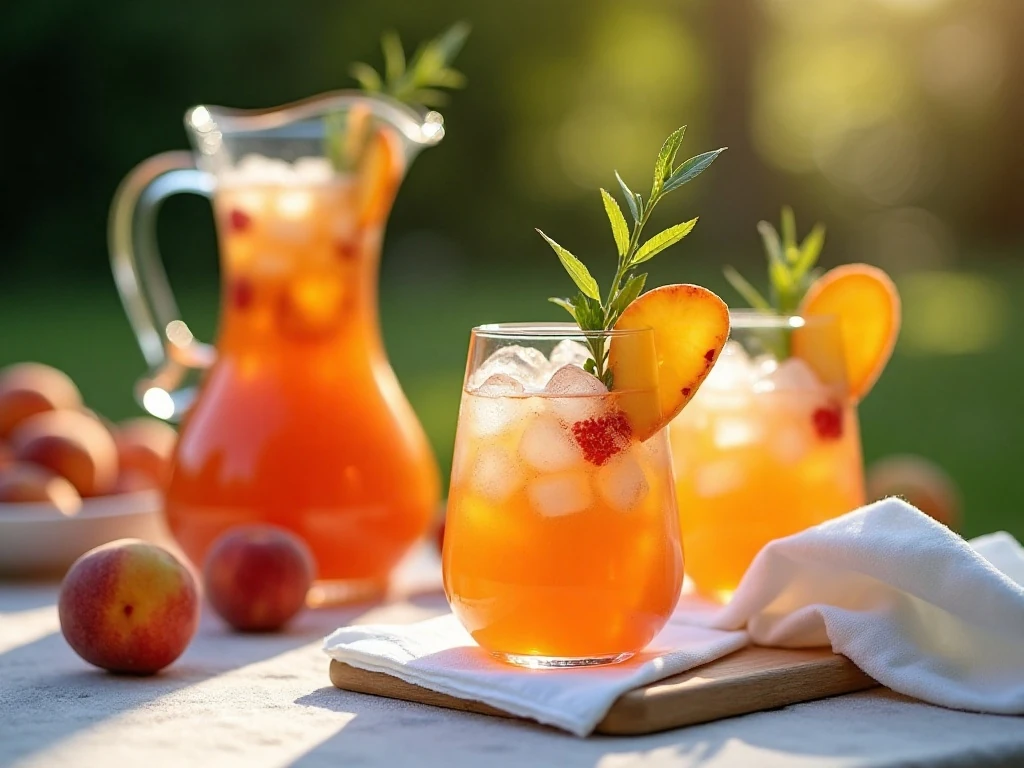 Peach sangria served with fruit garnishes at an outdoor brunch