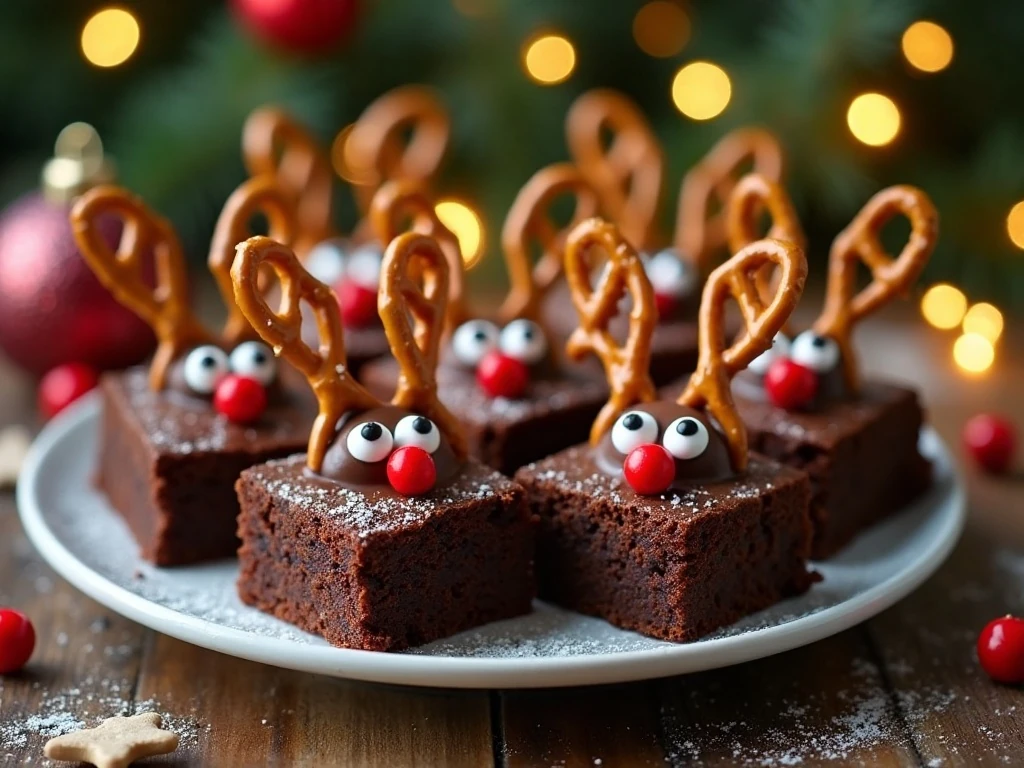 Festive reindeer brownies arranged on a Christmas dessert platter