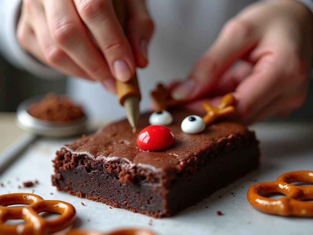 Decorating brownies with candy eyes and red noses