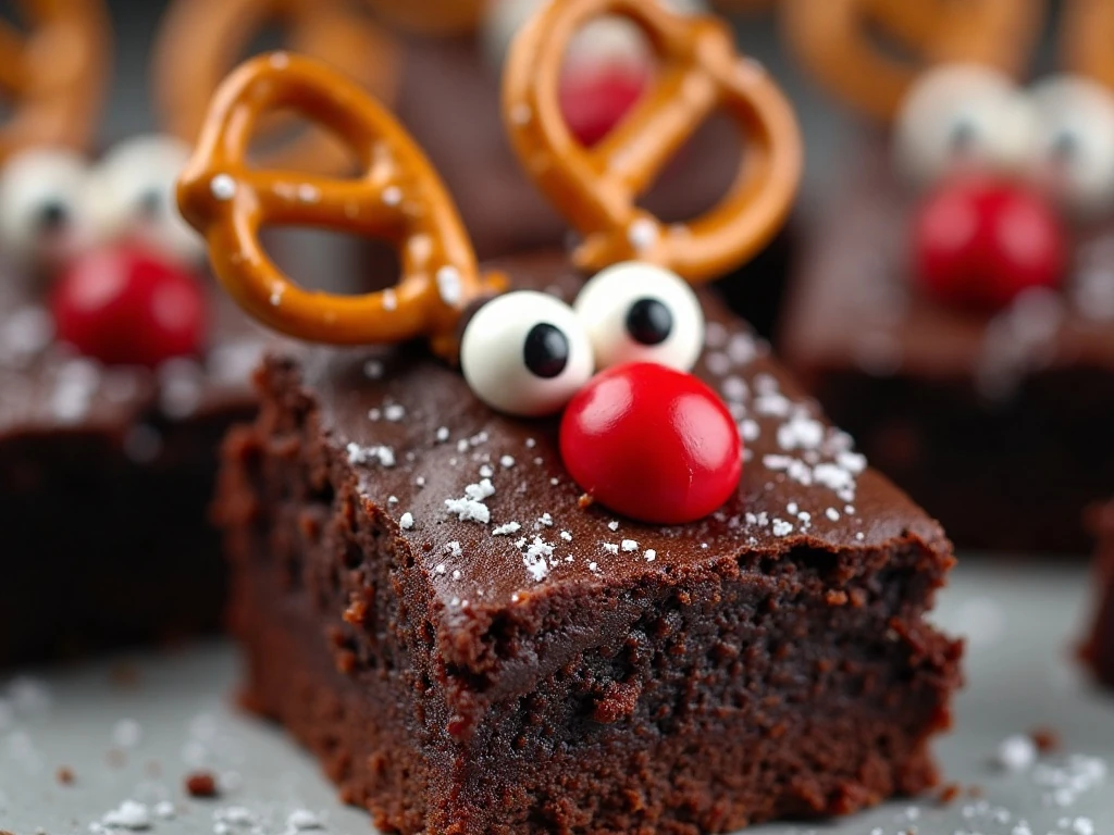Close-up of a neatly decorated reindeer brownie