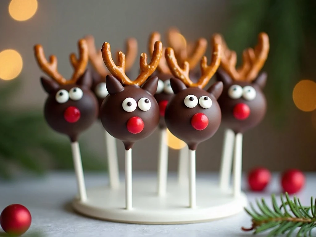 Adorable chocolate reindeer cake pops arranged for a Christmas dessert table