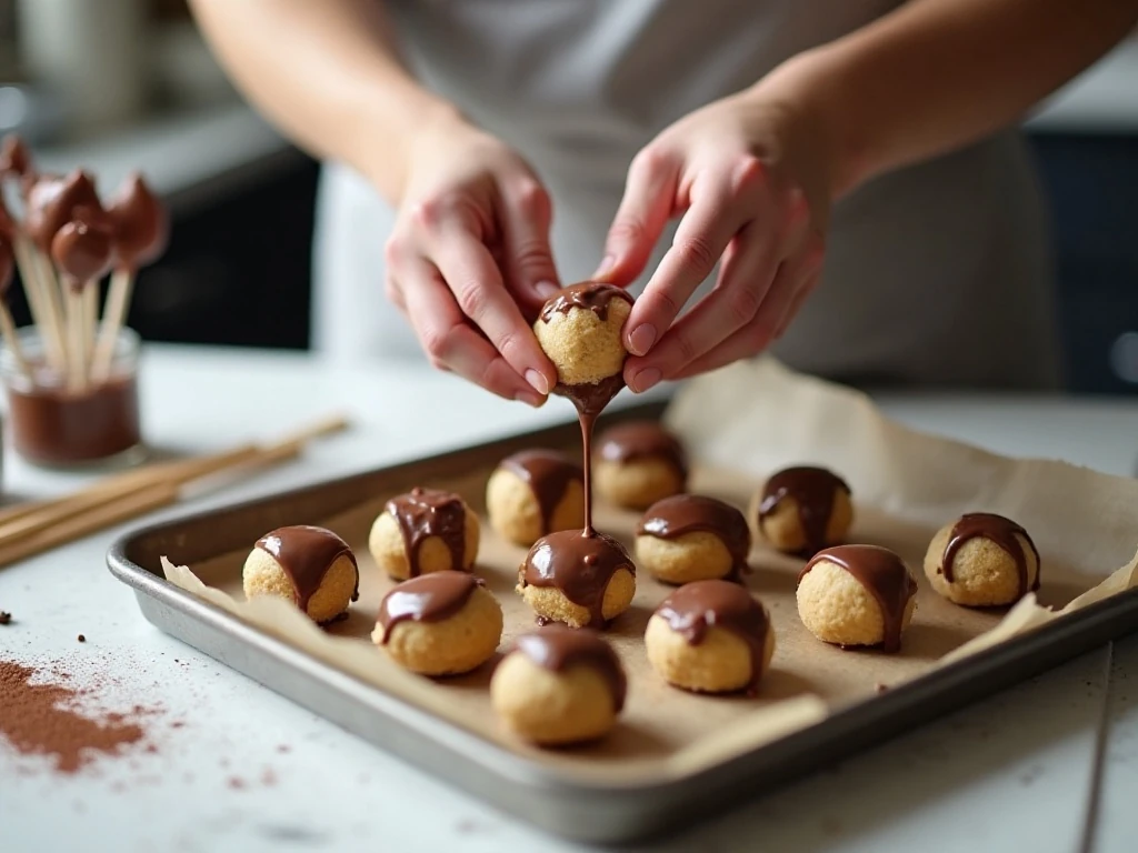 Dipping chocolate cake balls to make reindeer cake pops