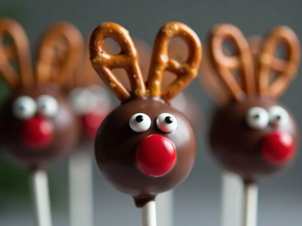 Close-up of candy eyes, red nose, and pretzel antlers on a reindeer cake pop