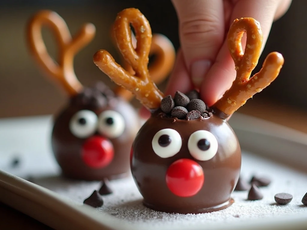 Decorating a chocolate-chip reindeer dessert ball