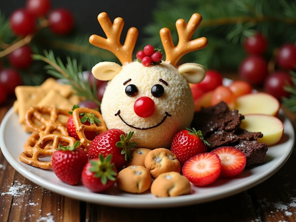 Reindeer dessert ball served with cookies, pretzels, crackers, and fruit