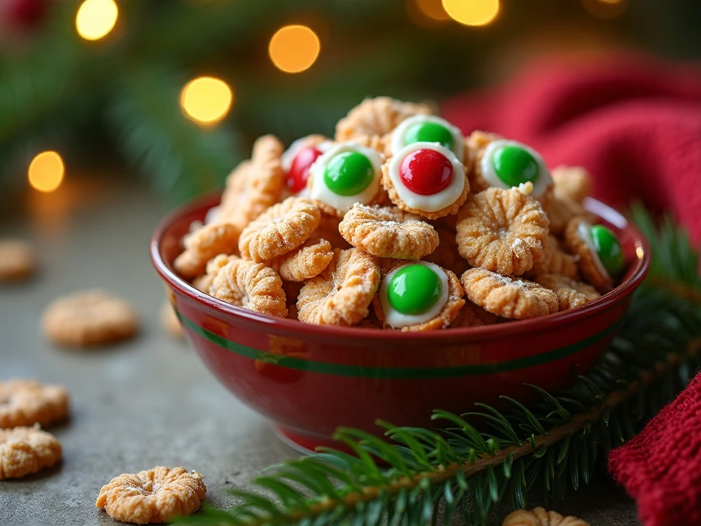 Festive bowl of homemade Reindeer Munch snack mix