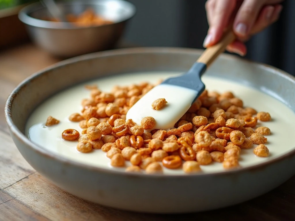 Folding white coating into the Reindeer Munch cereal mixture