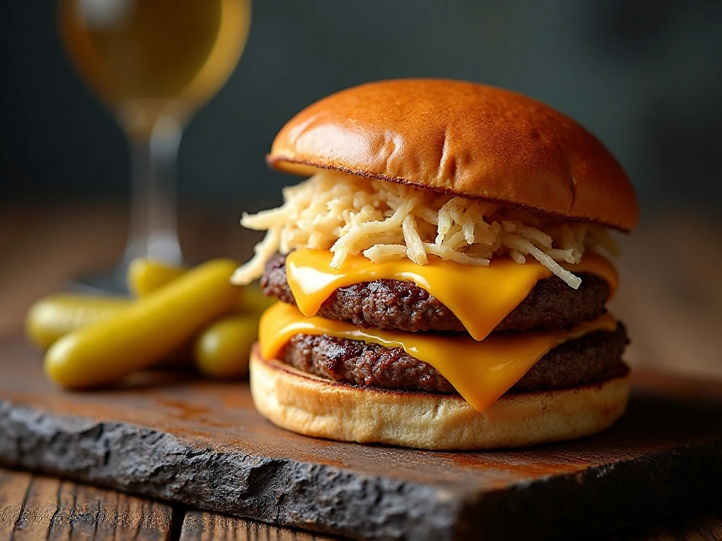 Juicy Reuben burger with Swiss cheese, sauerkraut, dressing, and toasted rye bun