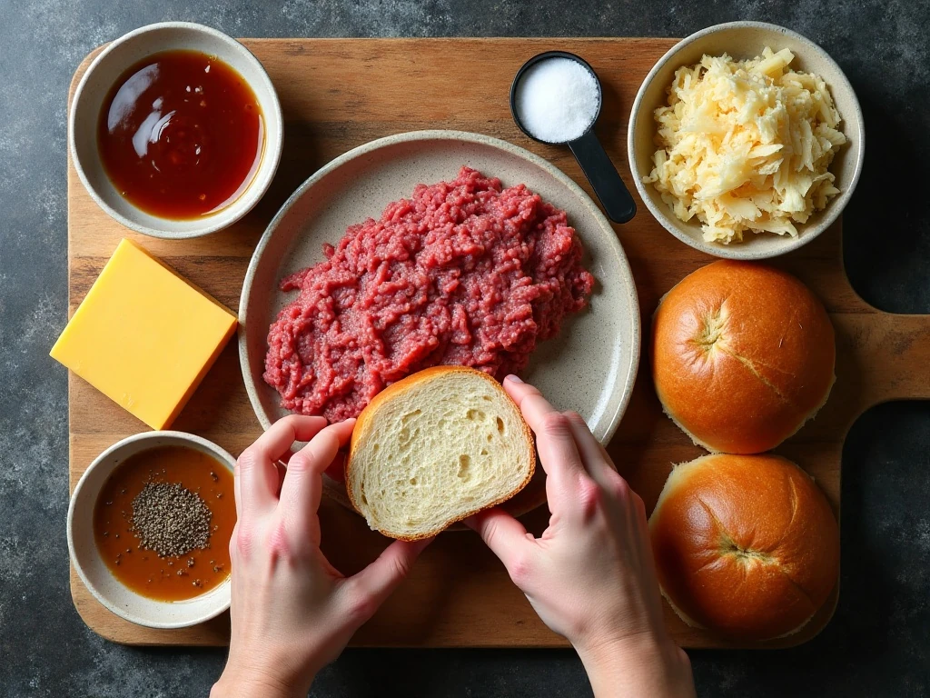 Ingredients for homemade Reuben burgers arranged on a kitchen counter