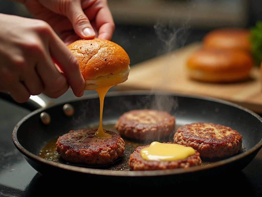 Reuben burger patties cooking in a skillet with Swiss cheese melting