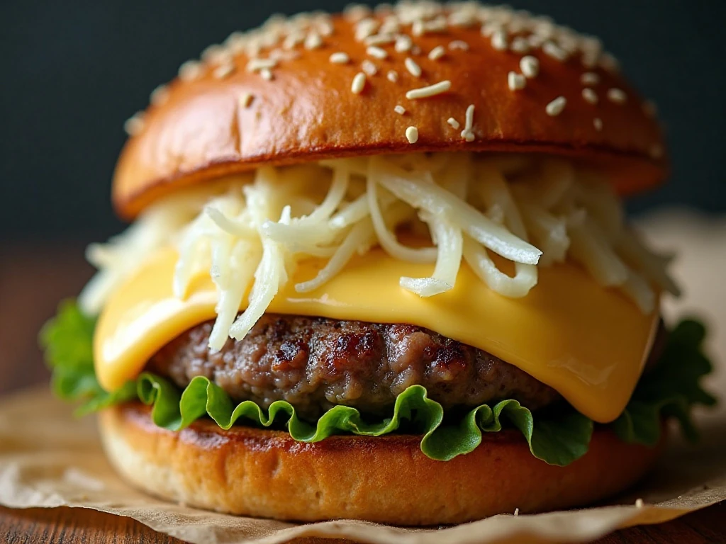 Dry sauerkraut layered over melted Swiss cheese on a Reuben burger