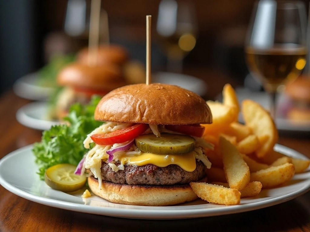 Reuben burger served with pickles, potato wedges, and a fresh side salad