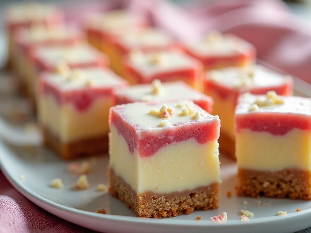 Creamy custard rhubarb bars showing three distinct layers