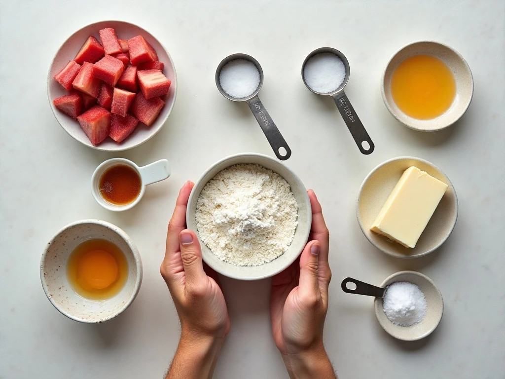 Ingredients for creamy custard rhubarb bars arranged in a flat lay
