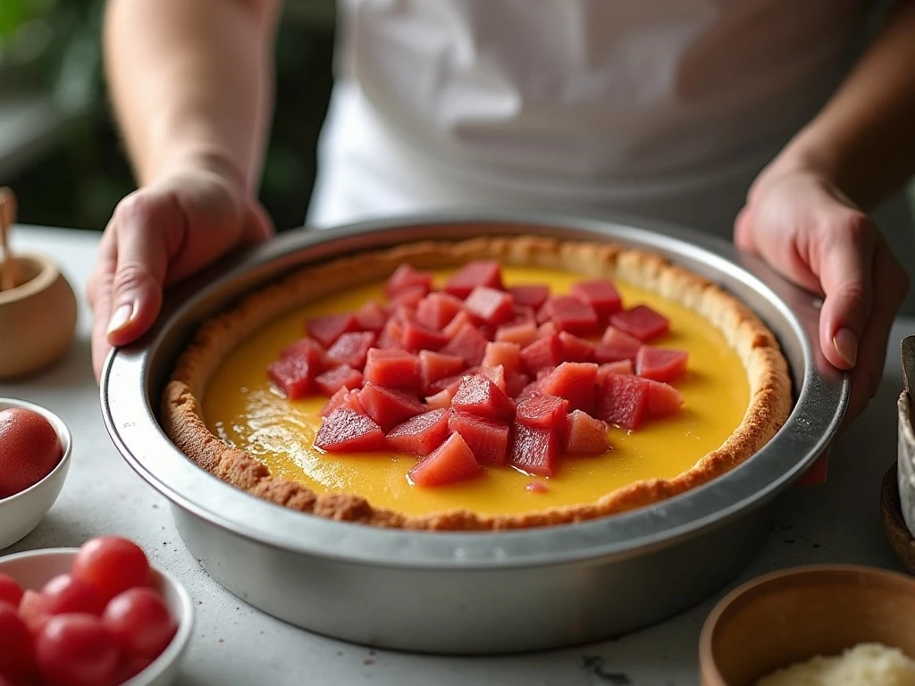 Layering rhubarb custard over a partially baked shortbread crust