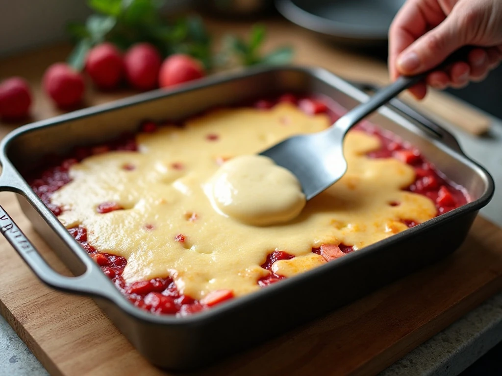 Spreading cream-cheese topping over baked rhubarb custard