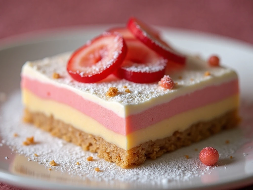 Close-up of a chilled rhubarb custard bar with distinct creamy layers