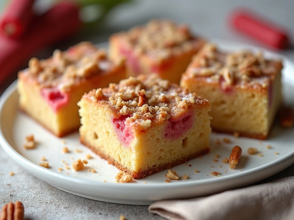 Rhubarb cake squares with coconut pecan topping arranged on a serving platter