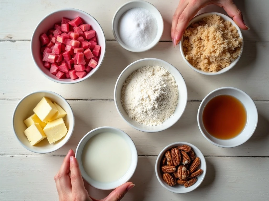 Ingredients for rhubarb cake with coconut pecan topping