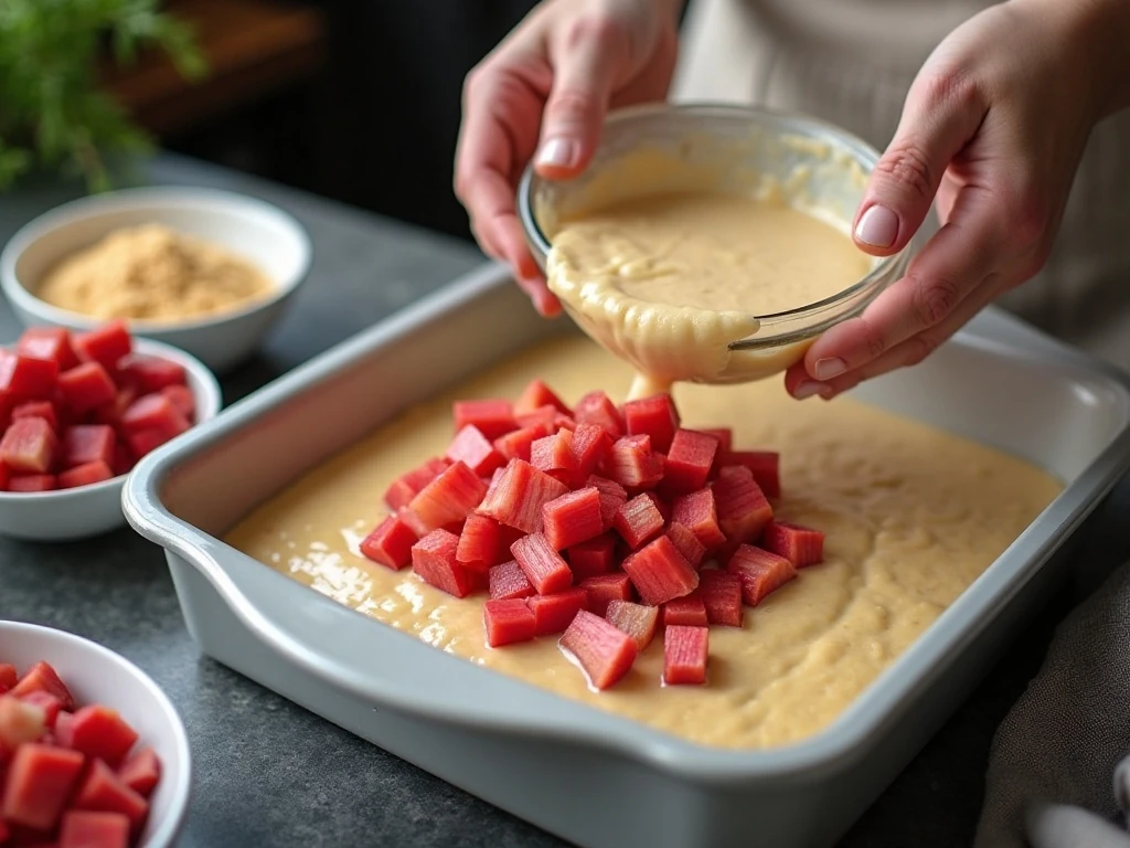 Folding chopped rhubarb into cake batter before baking