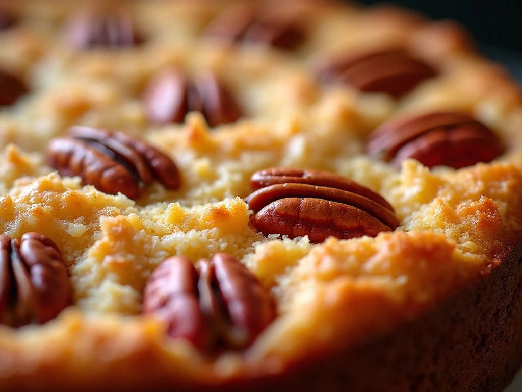 Close-up of toasted coconut pecan topping on rhubarb cake