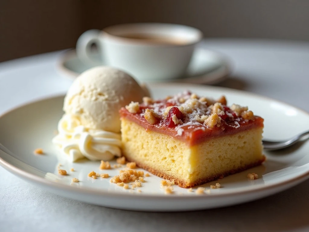 Rhubarb cake served with vanilla ice cream