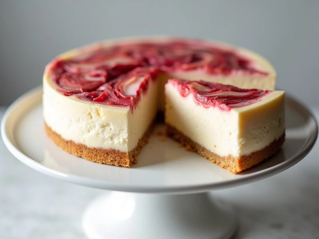 Whole rhubarb cheesecake with a slice showing the creamy filling and tart fruit swirl